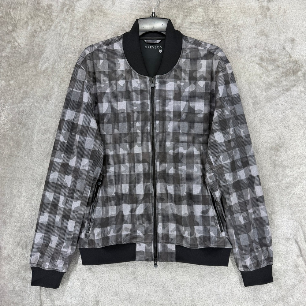 Greyson Jacket Mens M Gingham Camo Gray Full Zip Bomber Stretch EUC